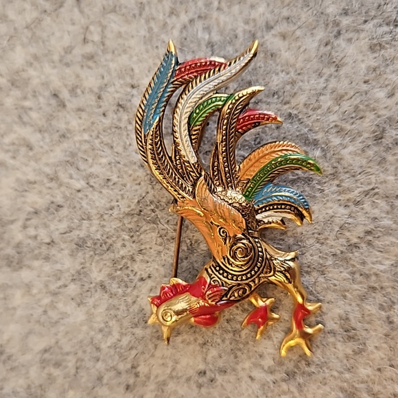 Jewelry - Damascene & Enamel on Goldtone Rooster Brooch Made in Spain